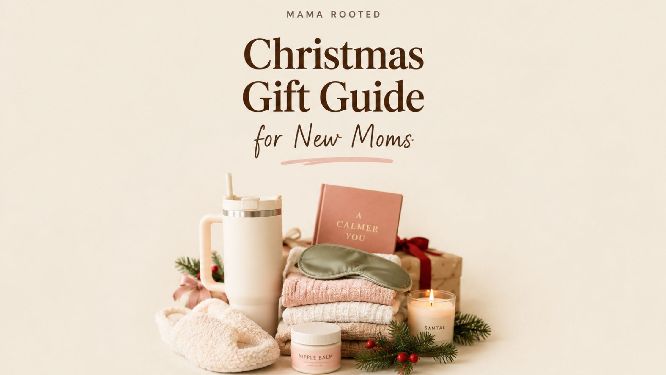Mama Rooted featured image for the Christmas gift guide post for new moms. image shows a bunch of gifting ideas for a calmer happier mom. Something for the mom, apart from baby clothes.